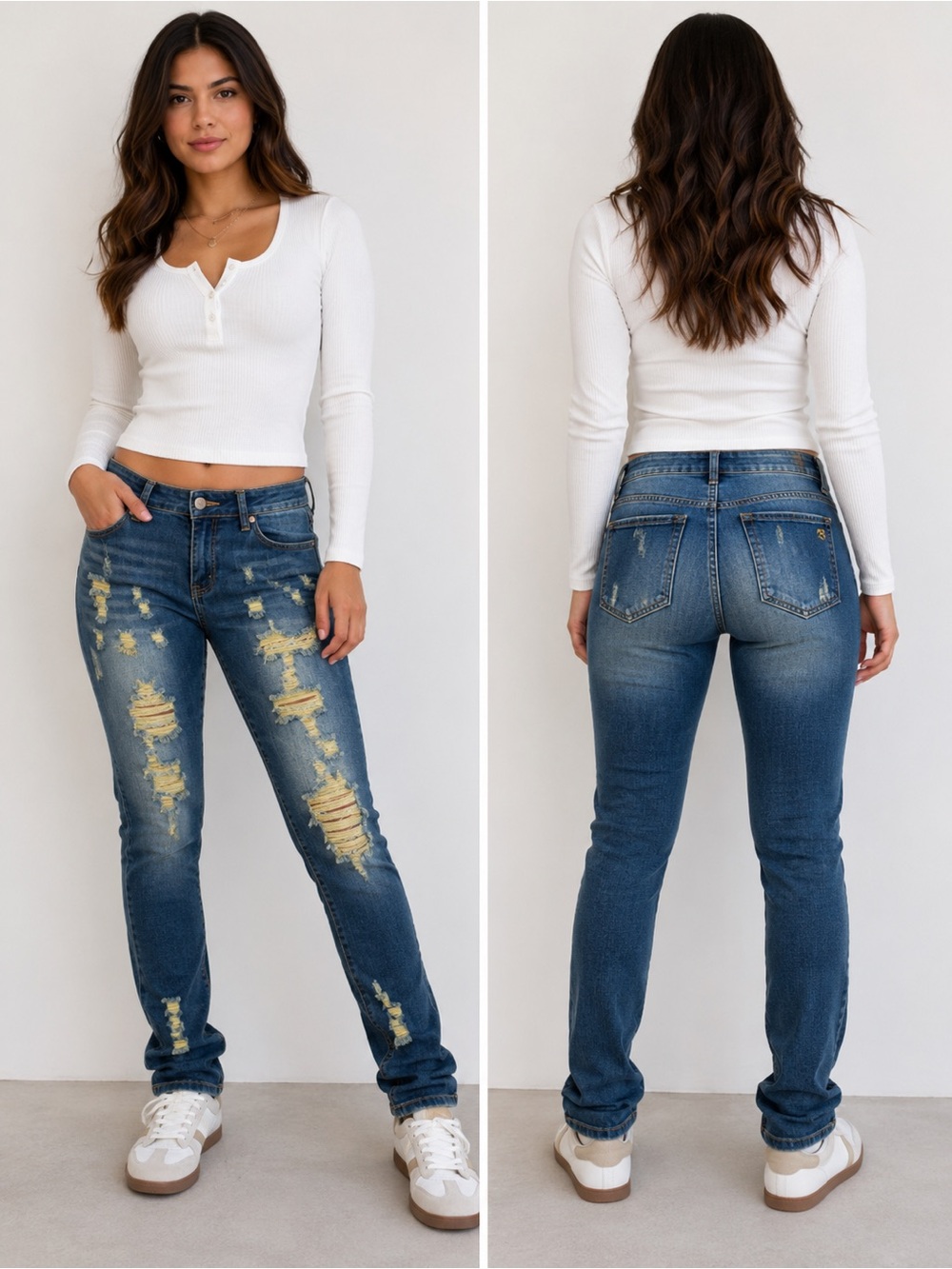 VIP Distressed Straight Leg Jeans in Blue with Yellow Patching